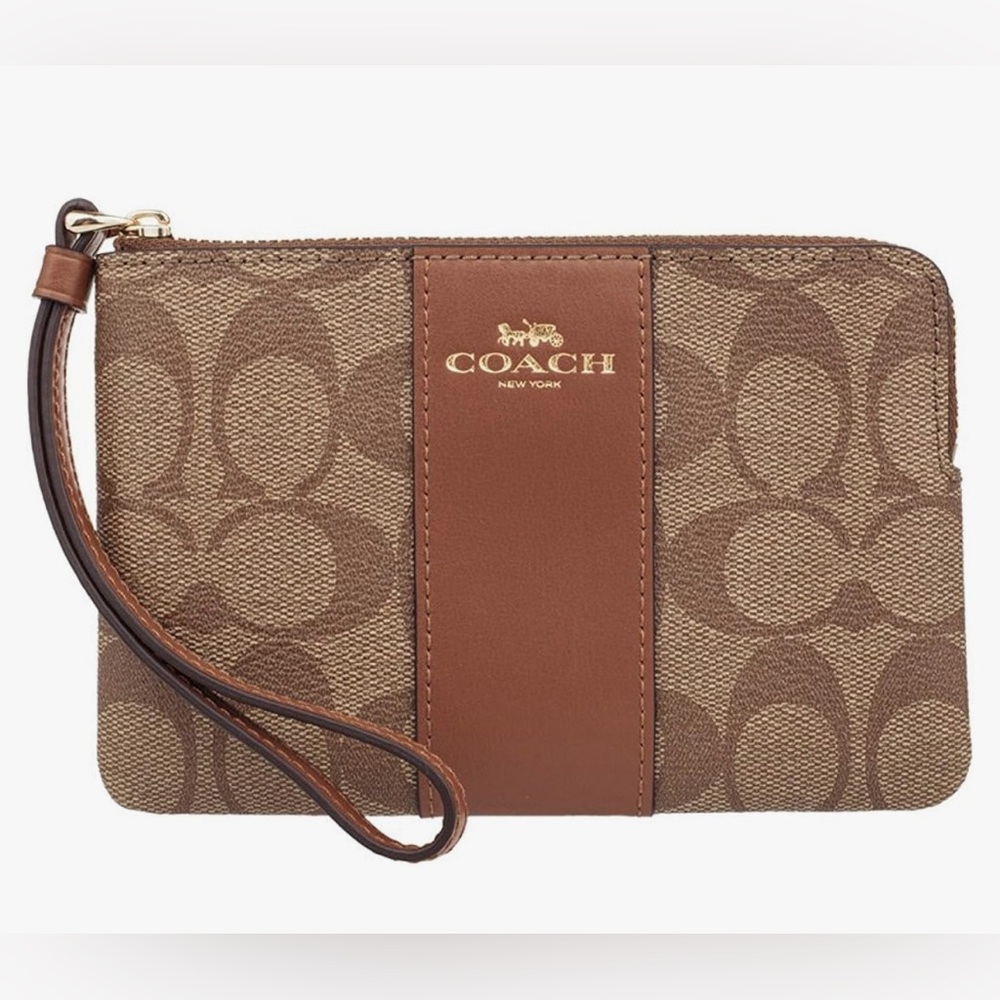 NWT Coach Signature Canvas Monogram Corner Zip Wrislet with Stripe, Tan/Brown